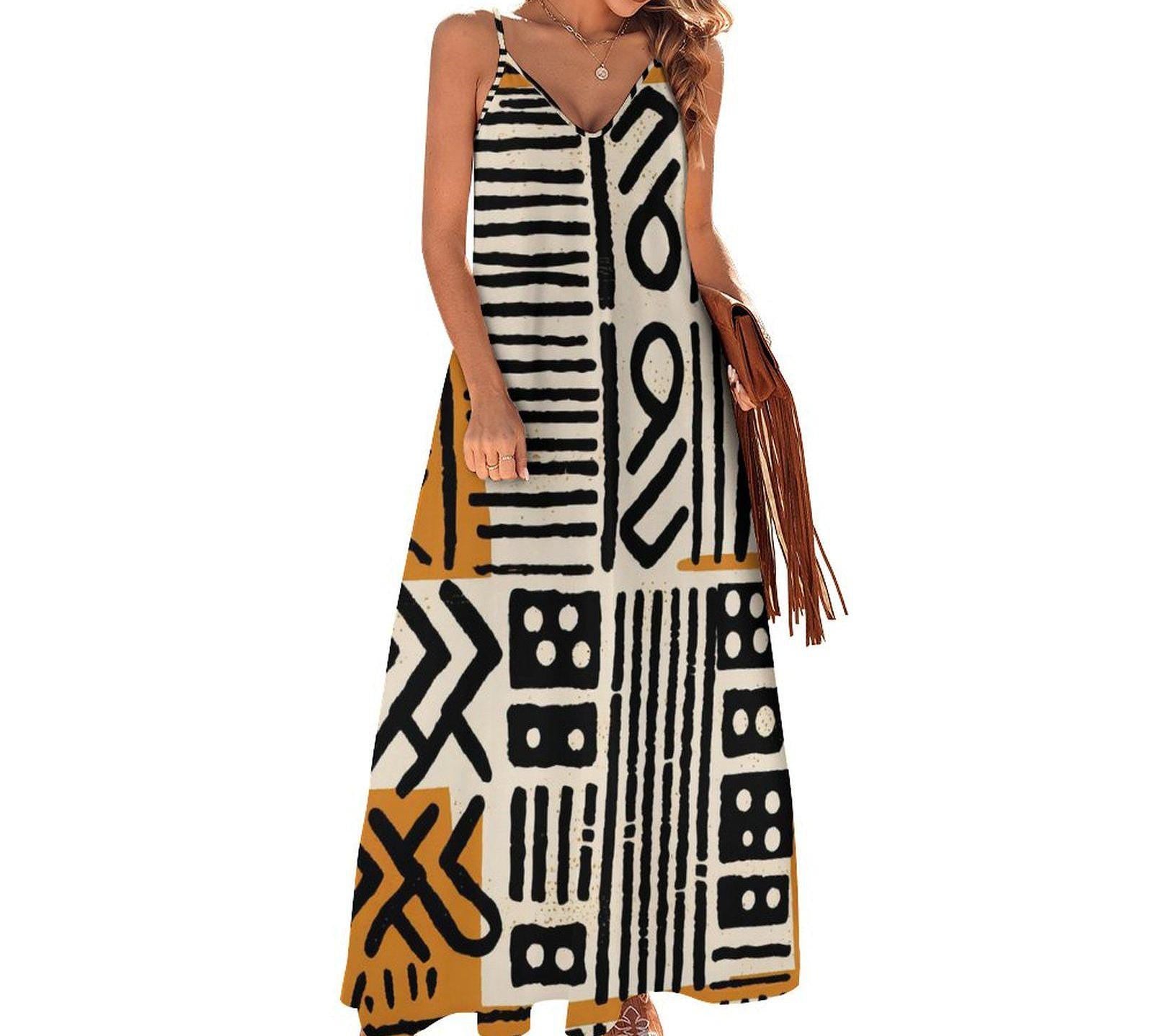 Afrocentric Jamila - Womens - Ankle-length Slip Dress - African - Mud Cloth Pattern