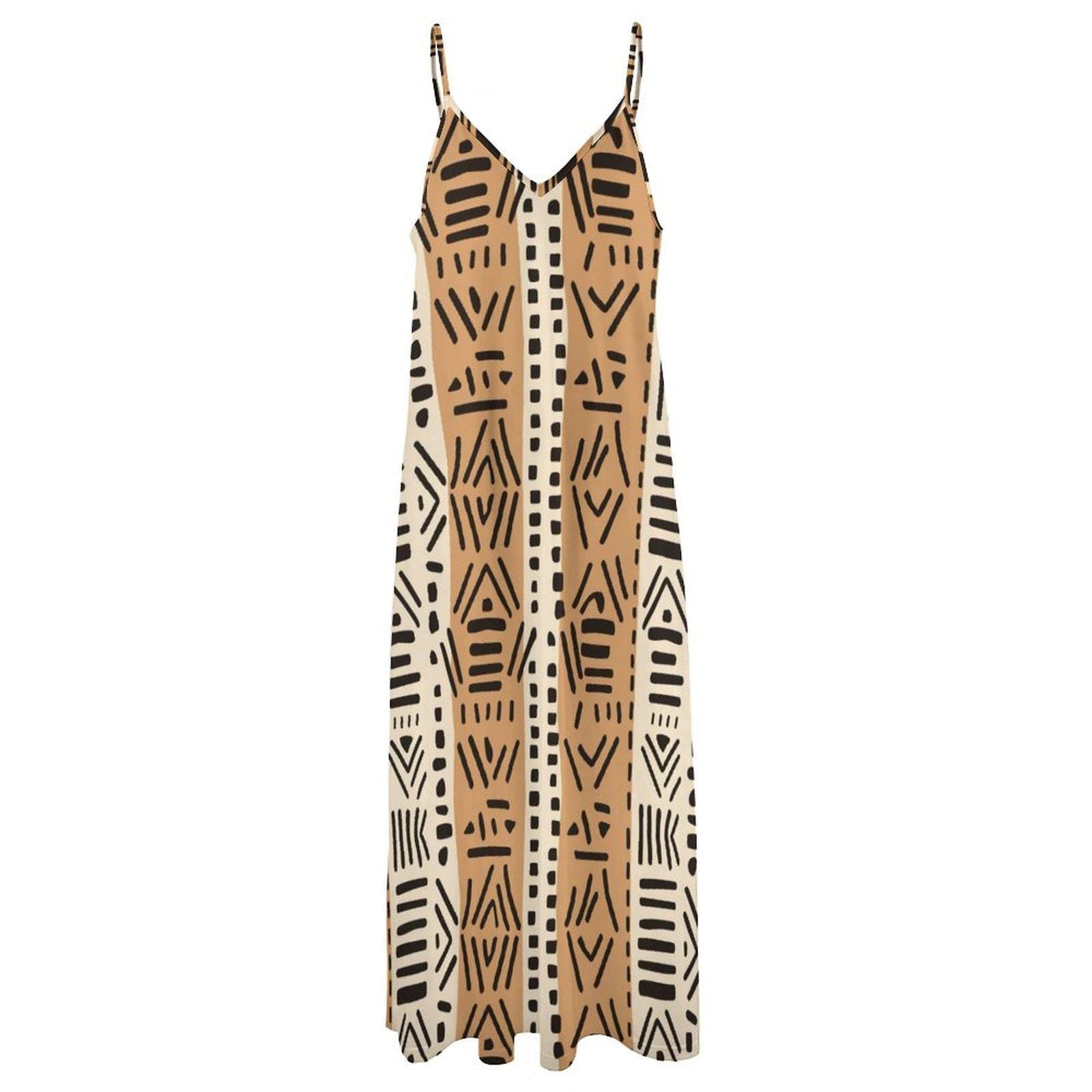 Brown Tones Kahawi - Womens  Ankle-length Slip Dress - African - Mud Cloth Pattern