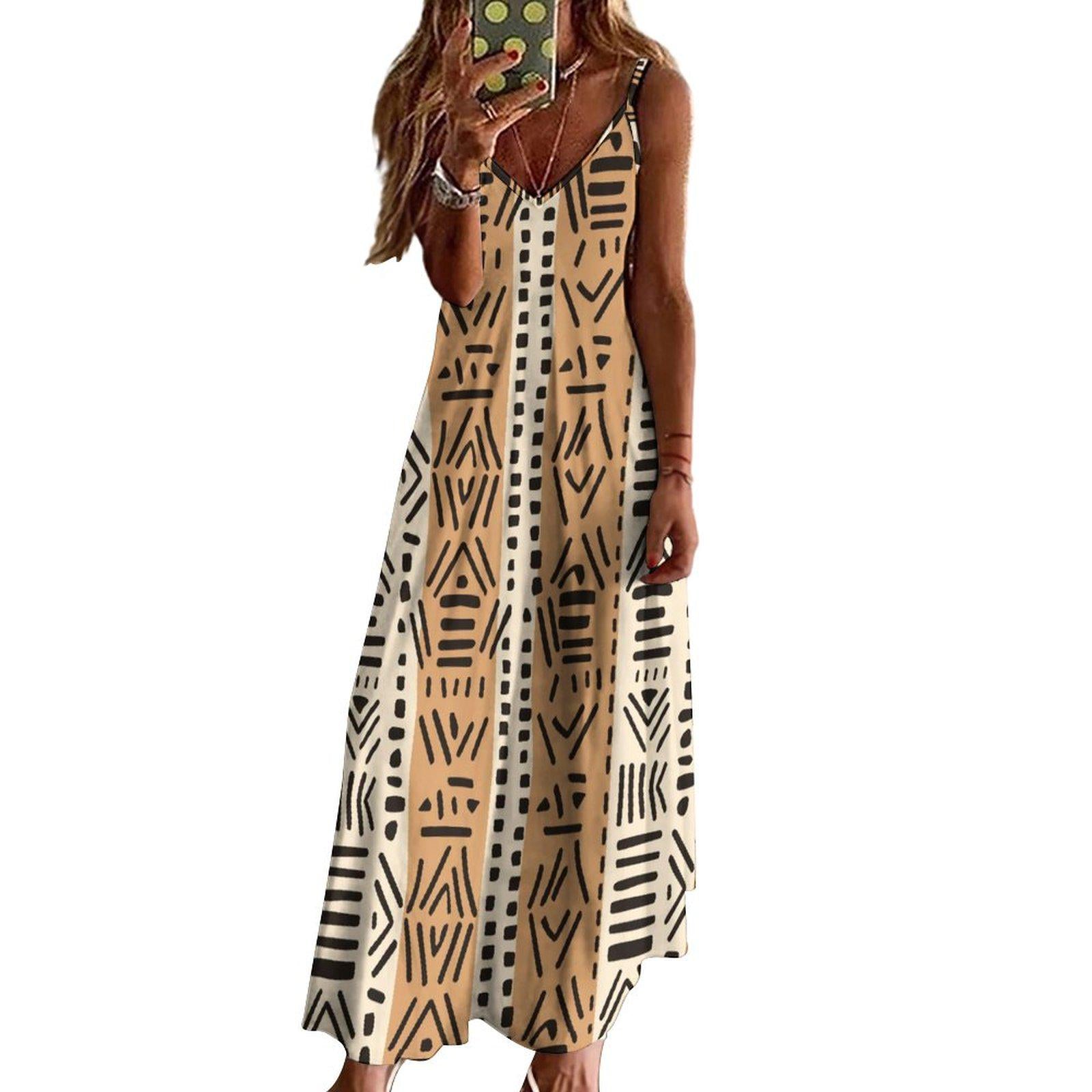 Brown Tones Kahawi - Womens  Ankle-length Slip Dress - African - Mud Cloth Pattern