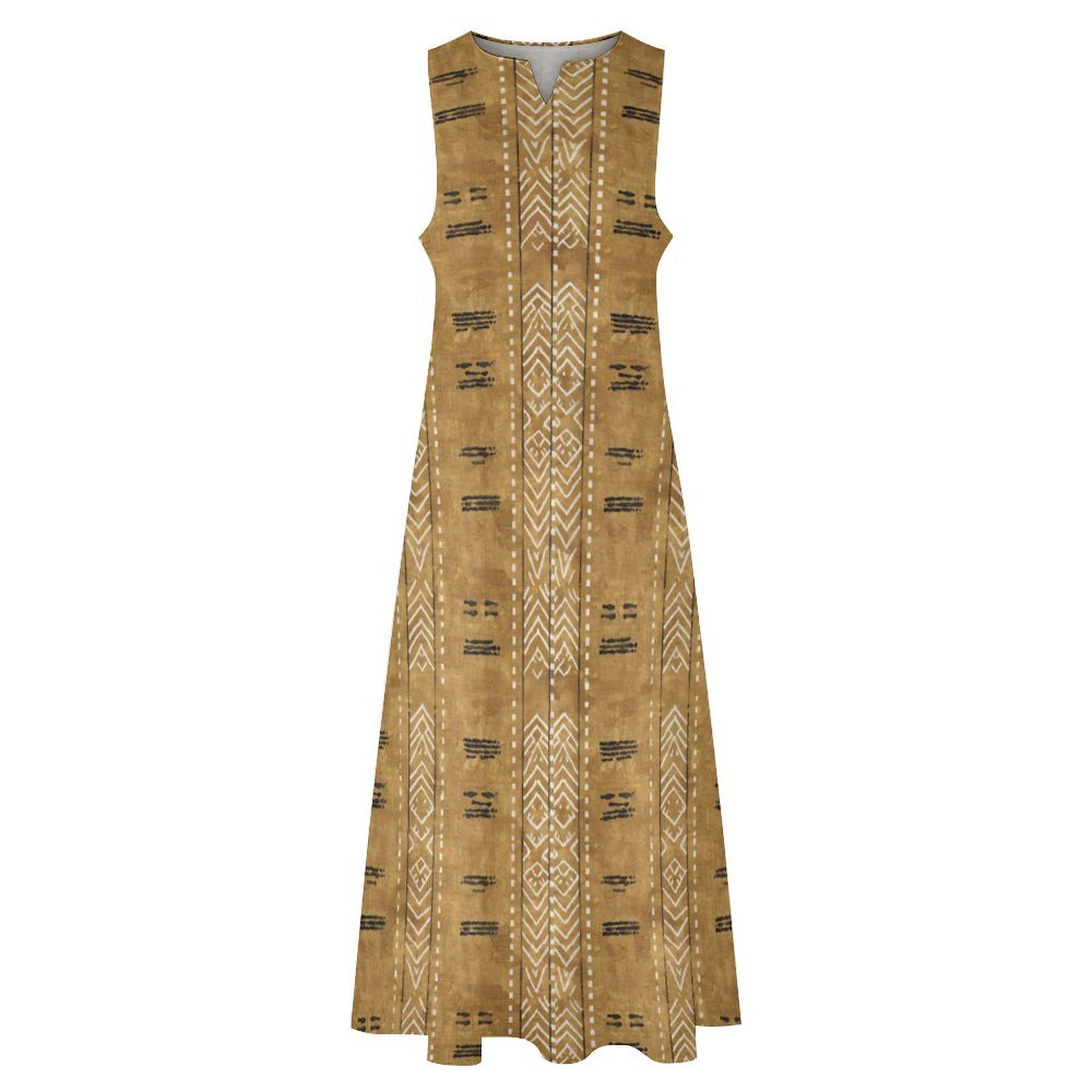 Kahawia Light - Womens - Sleeveless Ankle-length Dress - African - Mud Cloth Pattern