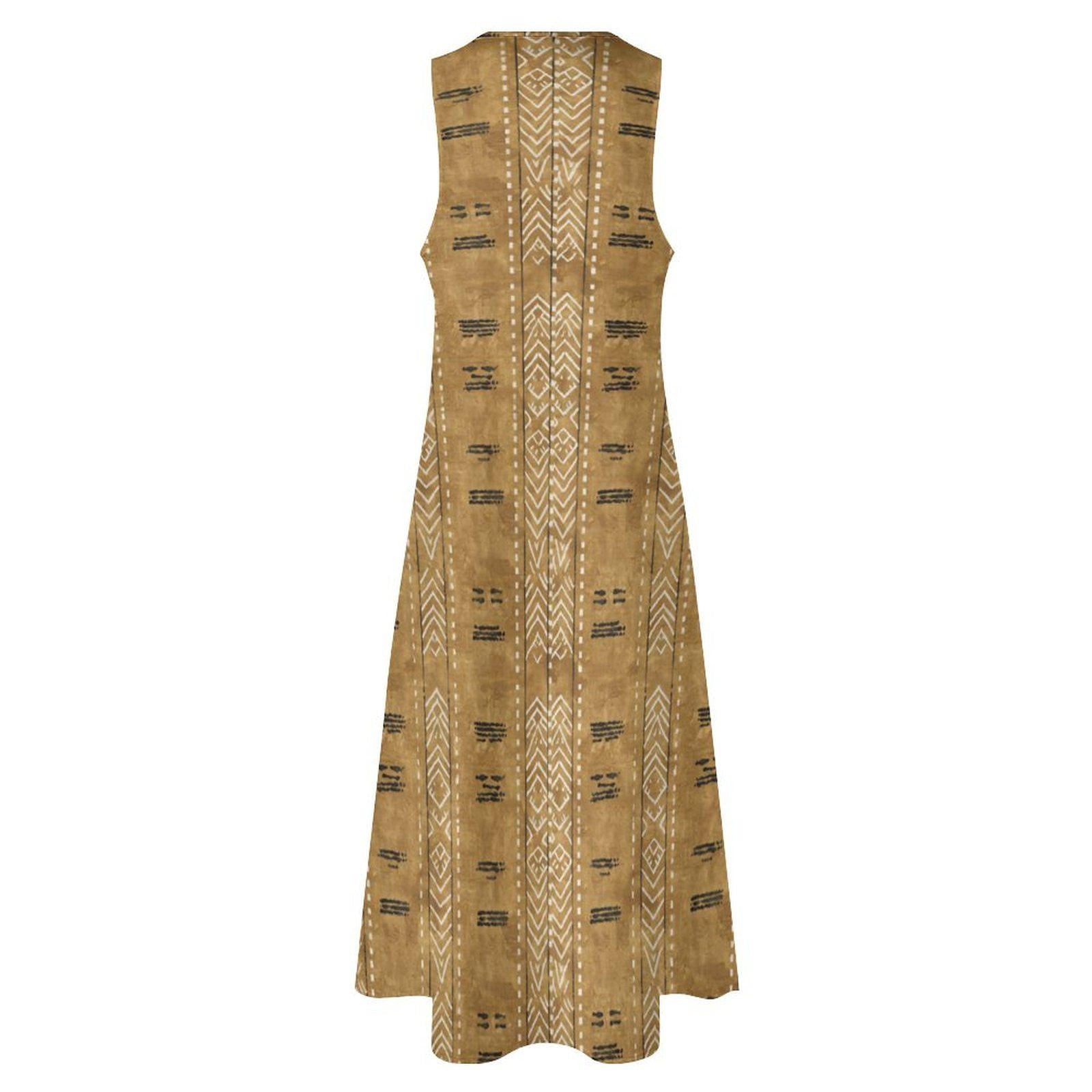 Kahawia Light - Womens - Sleeveless Ankle-length Dress - African - Mud Cloth Pattern