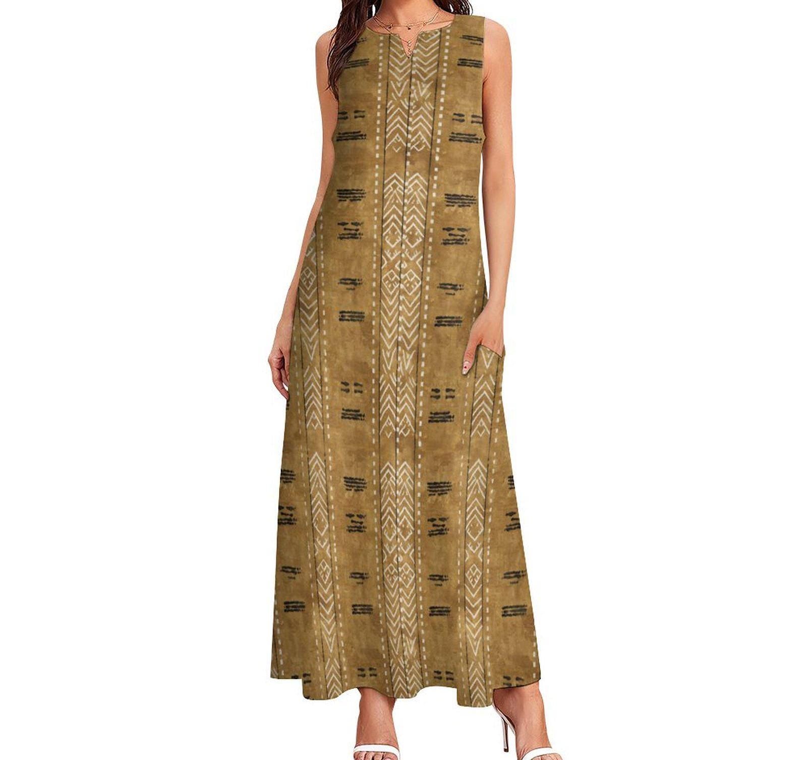 Kahawia Light - Womens - Sleeveless Ankle-length Dress - African - Mud Cloth Pattern