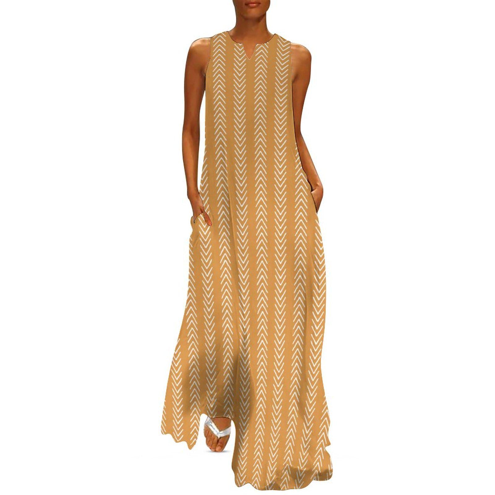 Jamila Honey - Womens - Sleeveless Ankle-length Dress - African - Mud Cloth Pattern