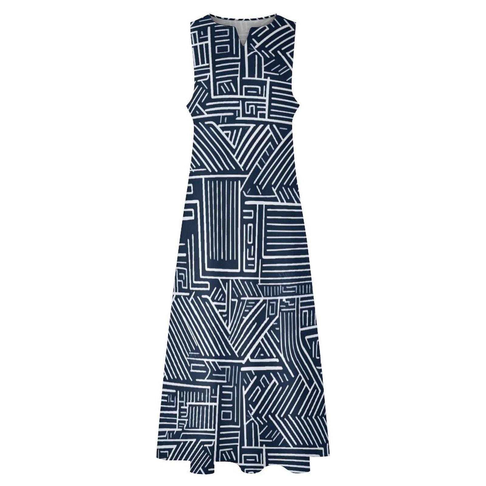 Essence - Womens - Sleeveless Ankle-length Dress - African Mud cloth Pattern