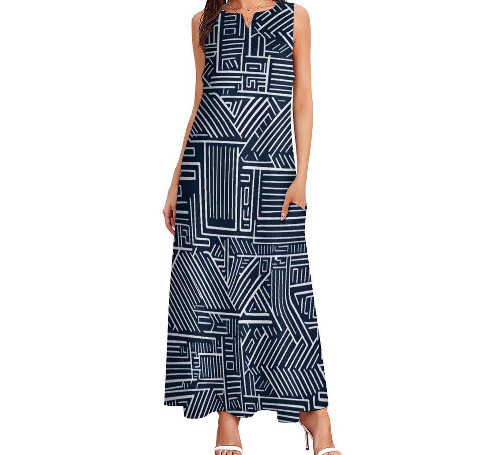 Essence - Womens - Sleeveless Ankle-length Dress - African Mud cloth Pattern