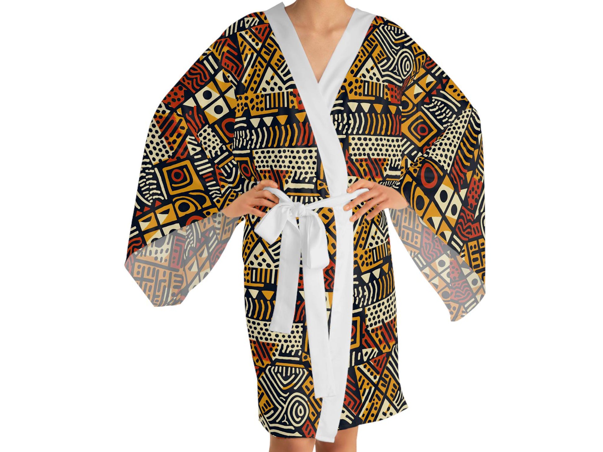 Neutral Bohemian - Womens - Long Sleeve Kimono Robe - African - Ankara Pattern