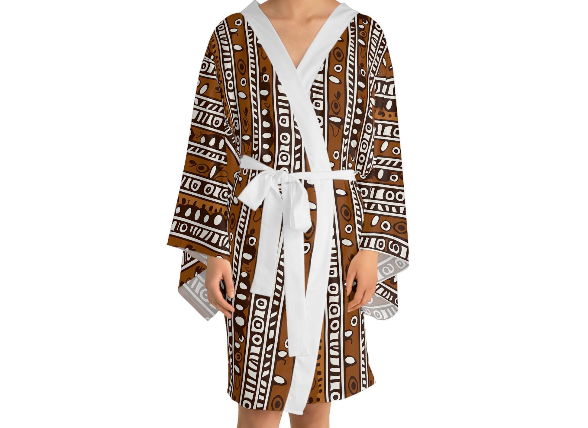 Earthy - Womens - Long Sleeve Kimono Robe - African Mud cloth Pattern