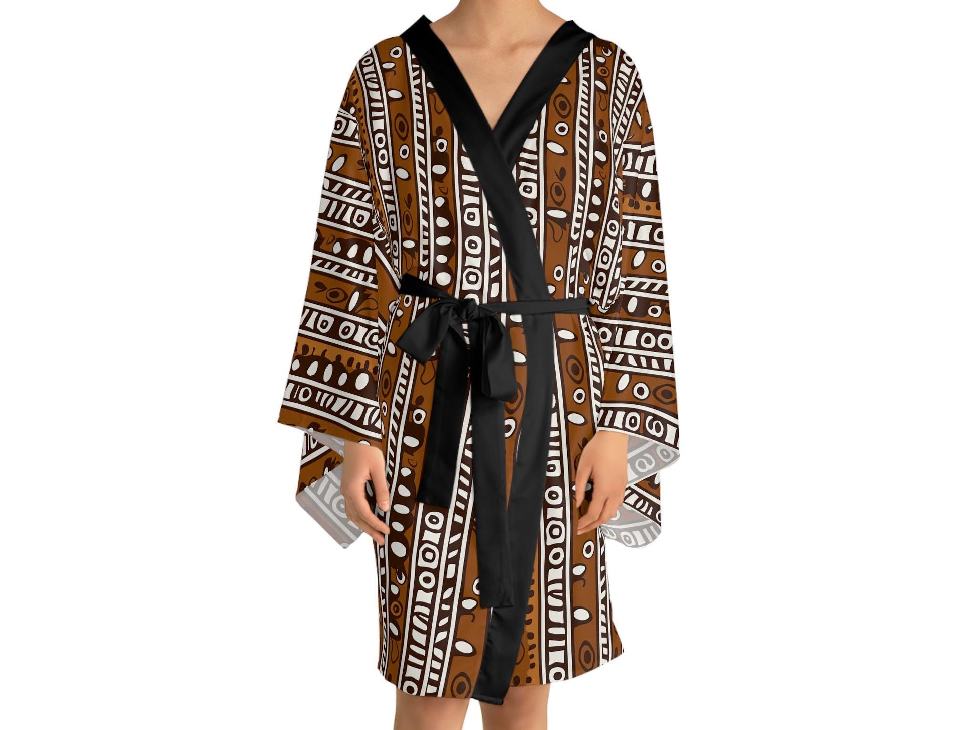 Earthy - Womens - Long Sleeve Kimono Robe - African Mud cloth Pattern